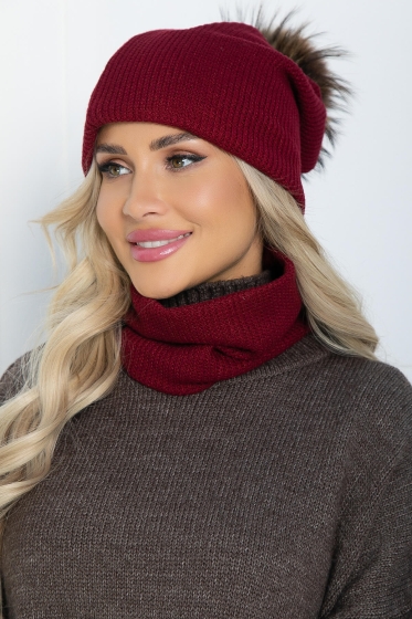 Комплект шапка с помпоном и снуд (вишня) ШПС15